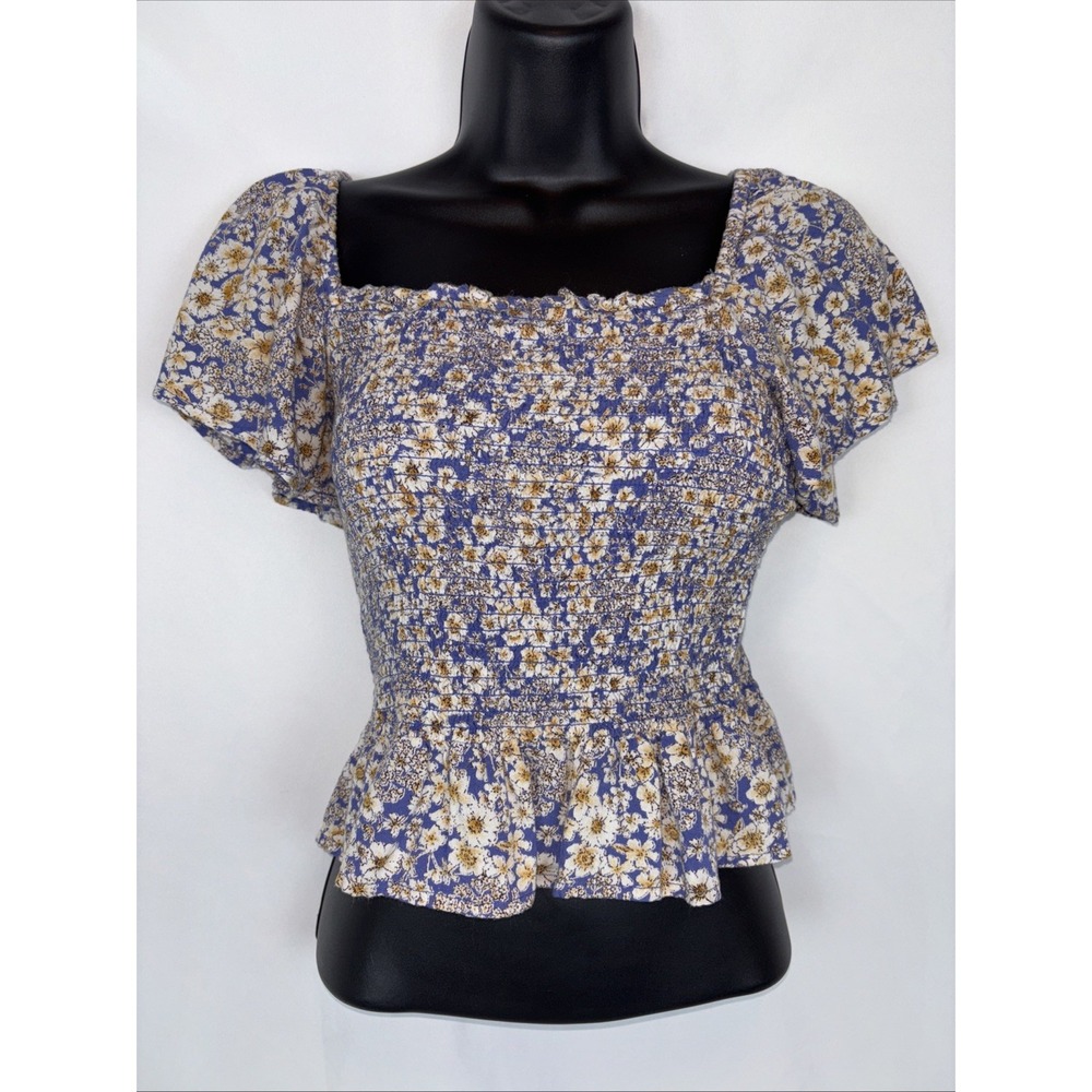 Patrons Of Peace Blue Paisley Floral Boho Crop Top Flutter Smocked Women's Small